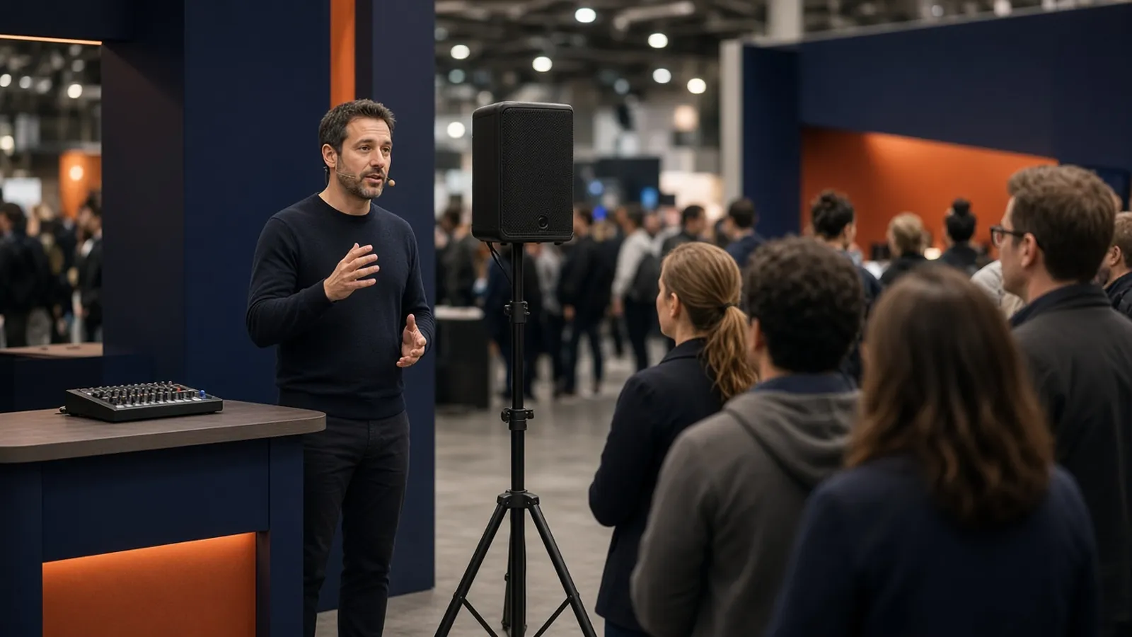 Presenter with a headset mic speaks to a booth crowd beside a speaker on a tripod and a small mixer
