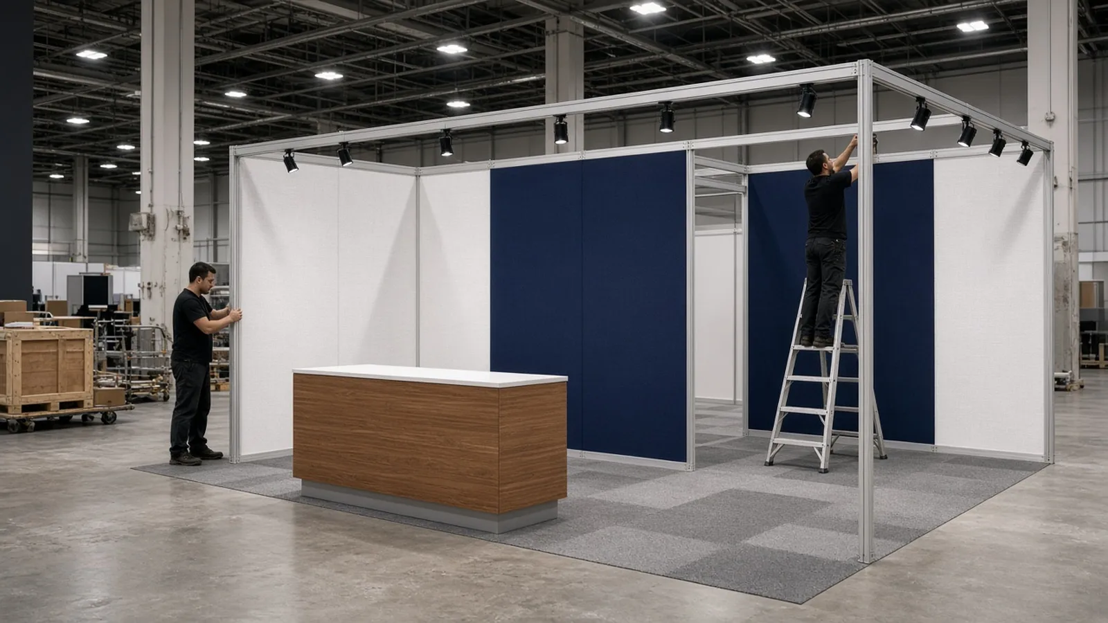 Crew assembling a white and navy modular booth frame with spotlights and a wood-finish counter on gray carpet tiles