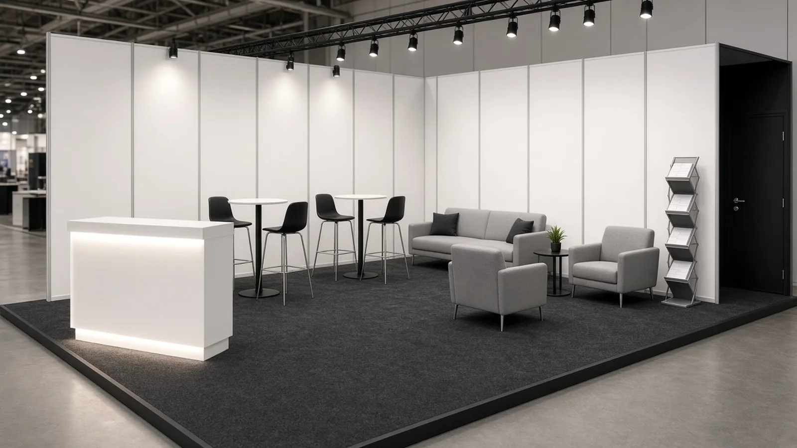 Furnished booth with a lit white counter, bar tables and stools, a gray lounge set, charcoal carpet, a literature rack, and a storage closet