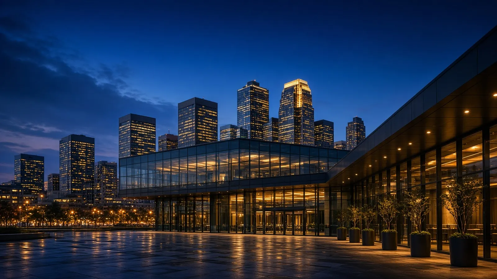 Downtown skyline at blue hour beyond a lit glass convention center entrance
