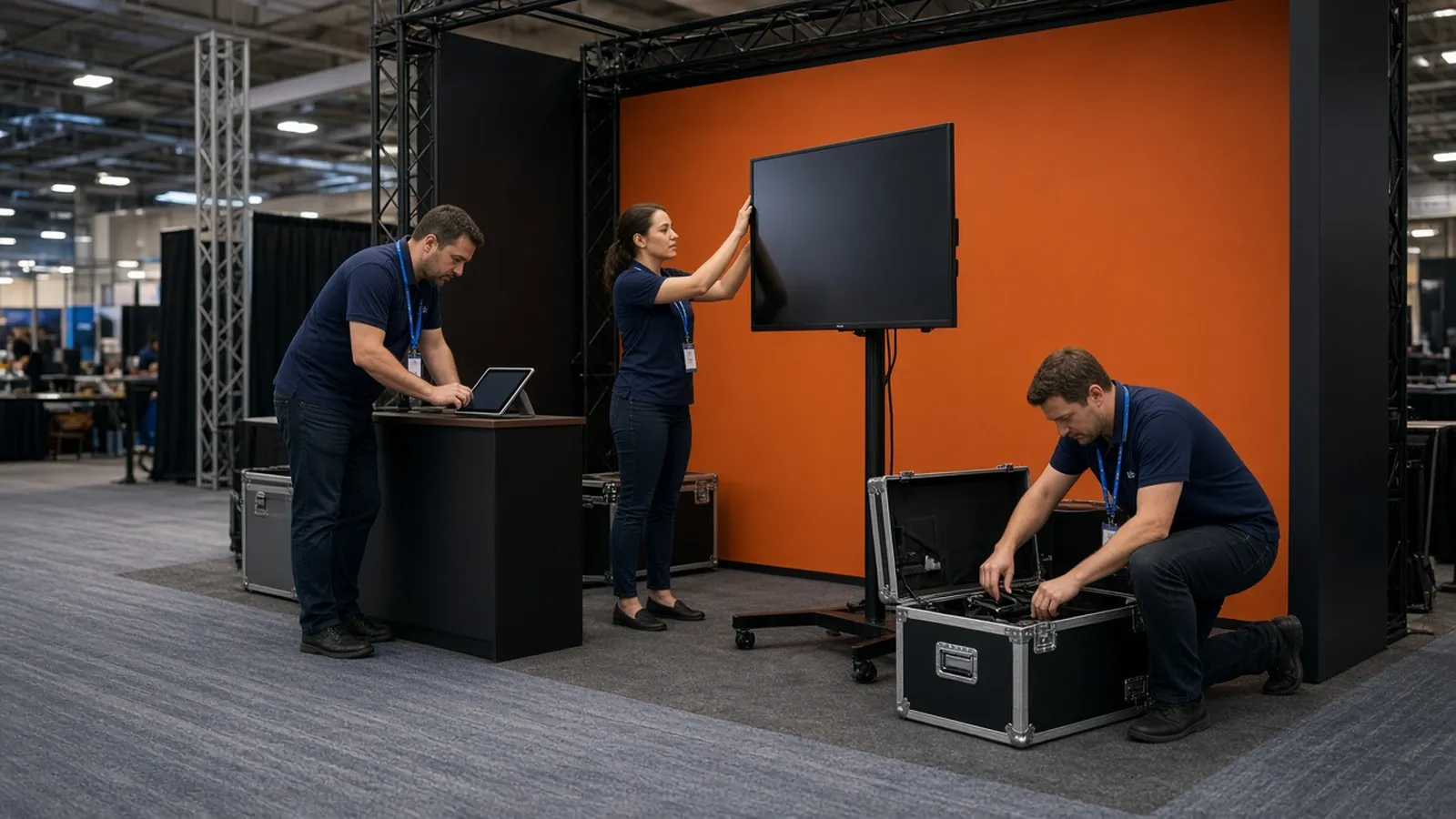 Three exhibitors in navy polos set up a booth: a tablet, a TV on a stand, and an open road case