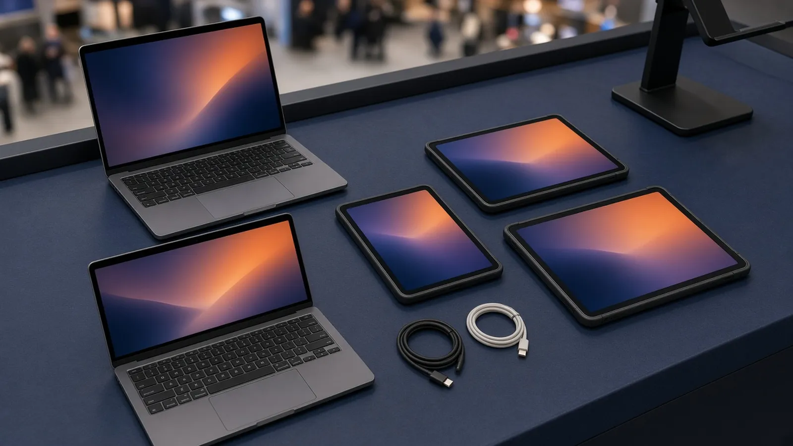 Two laptops and three tablets laid out on a navy booth counter with charging cables