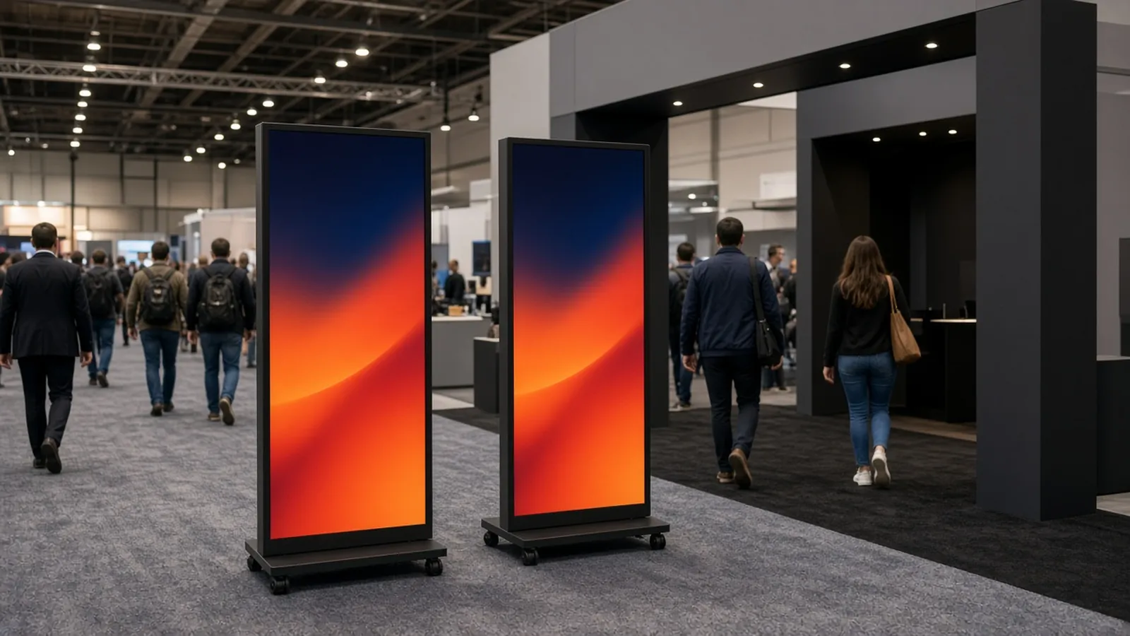 Two tall LED poster displays on rolling bases at a booth entrance on a trade show aisle