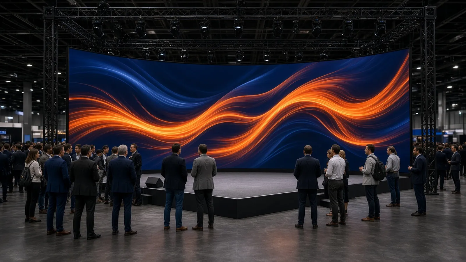 Large seamless LED wall glowing navy and orange behind a small stage as attendees gather