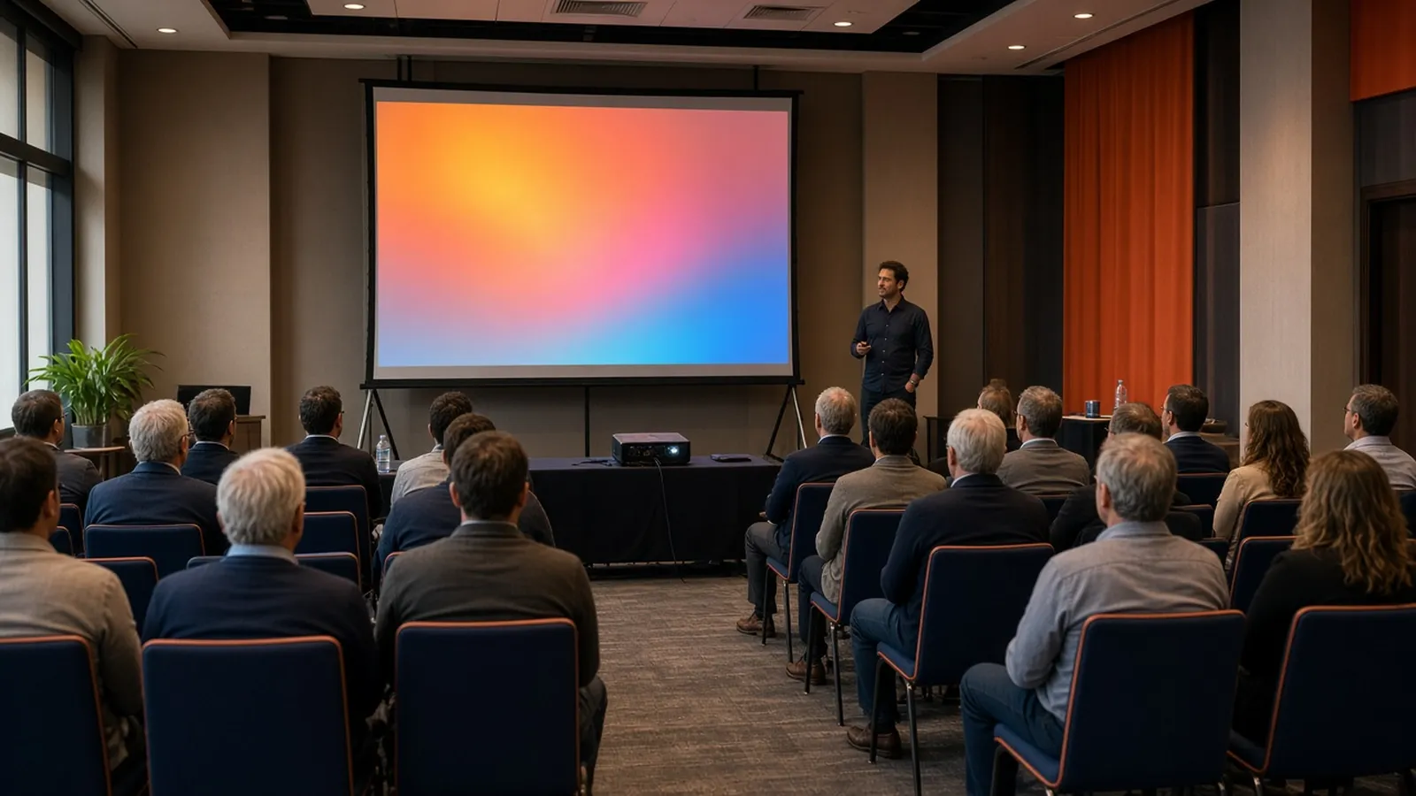 Presenter beside a projected image on a fast-fold screen in a convention breakout room