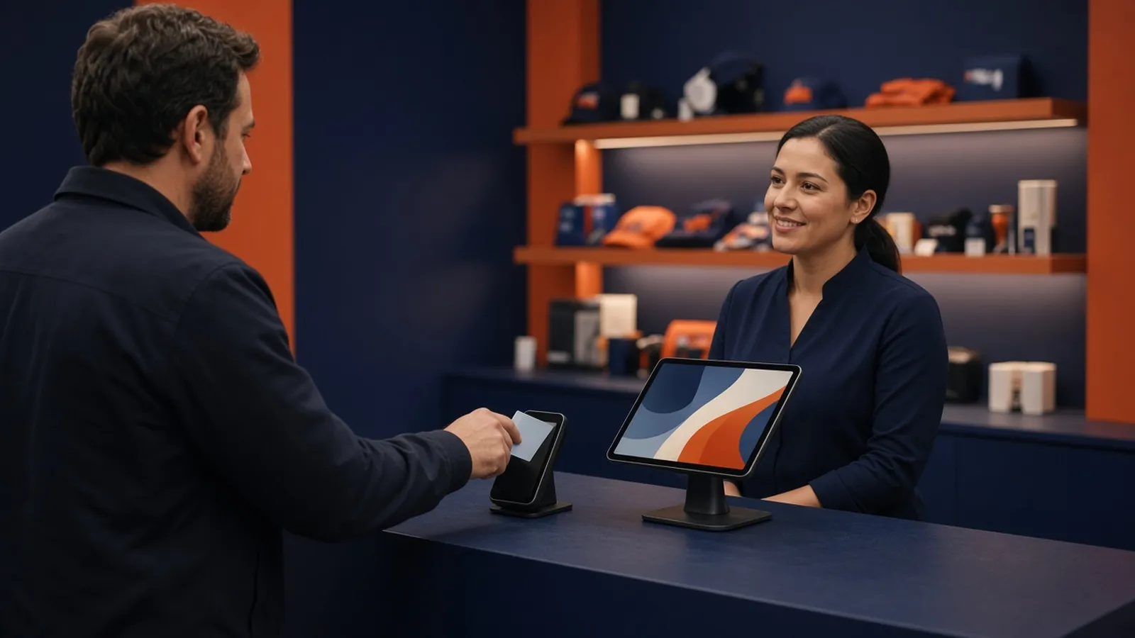 Attendee taps a card on a reader next to a tablet on a stand at a booth checkout counter
